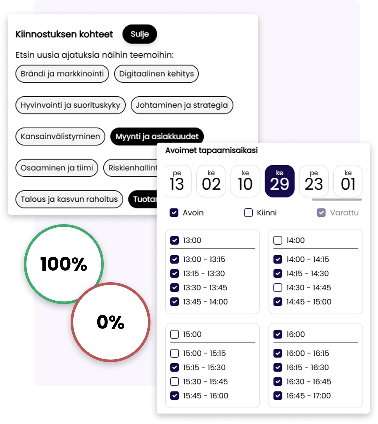 Tapaamistyökalun intressien ja tapaamisaikojen määritys.