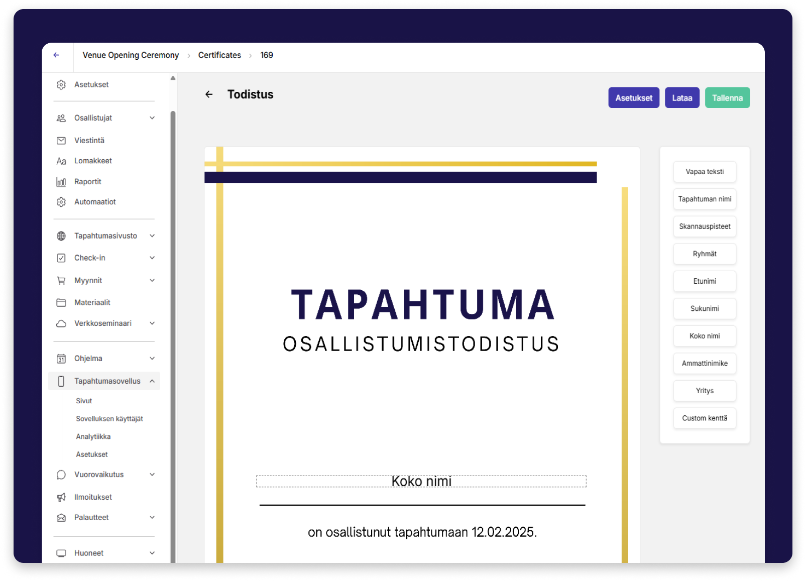 Eventoksen osallistumistodistus editori