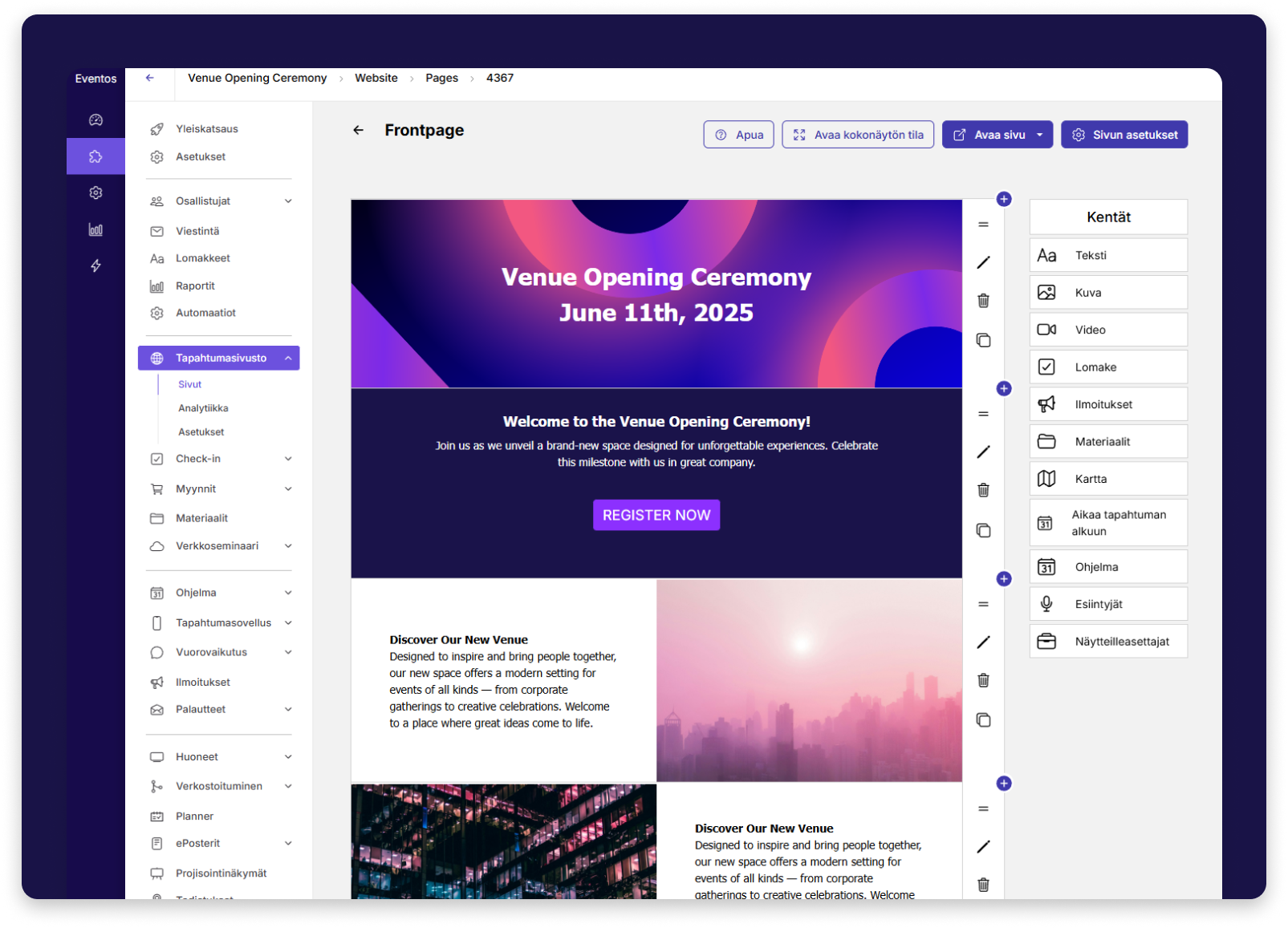 Eventoksen tapahtumasivueditori