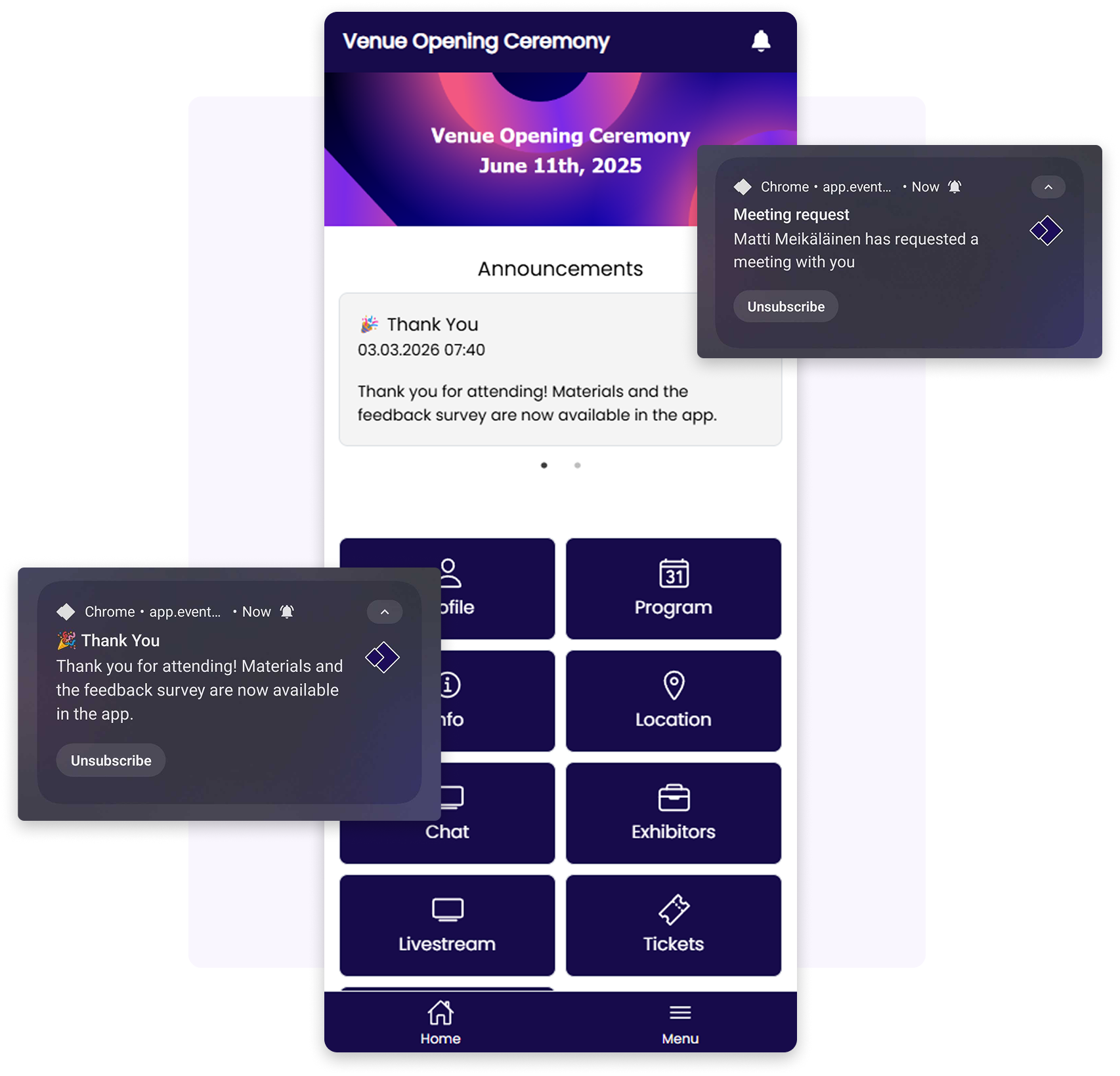 Viestintä ja push-ilmoitukset Eventos App -sovelluksessa.