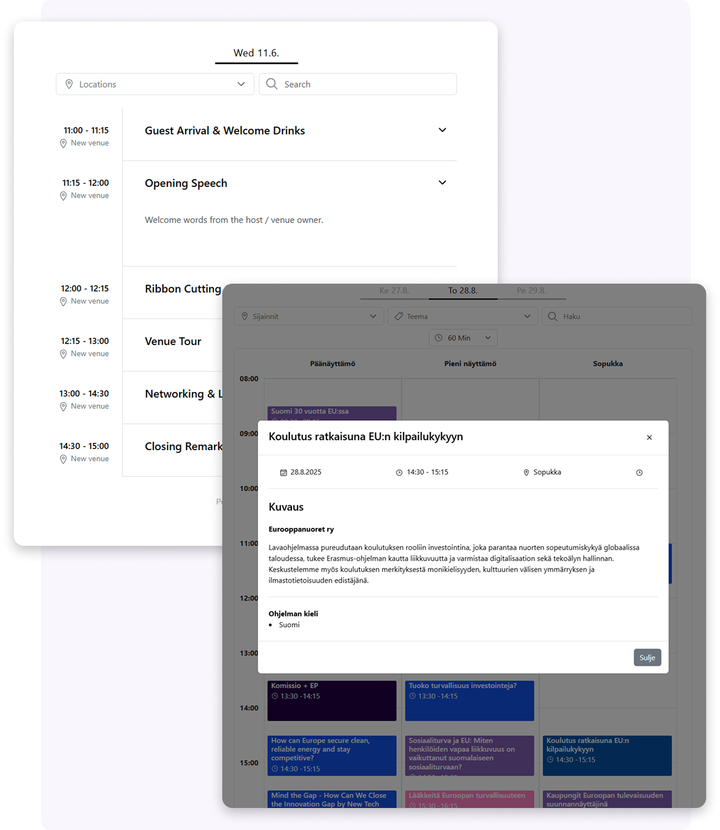 Eventoksen ohjelma upote vaihtoehdot: lista ja ruudukko