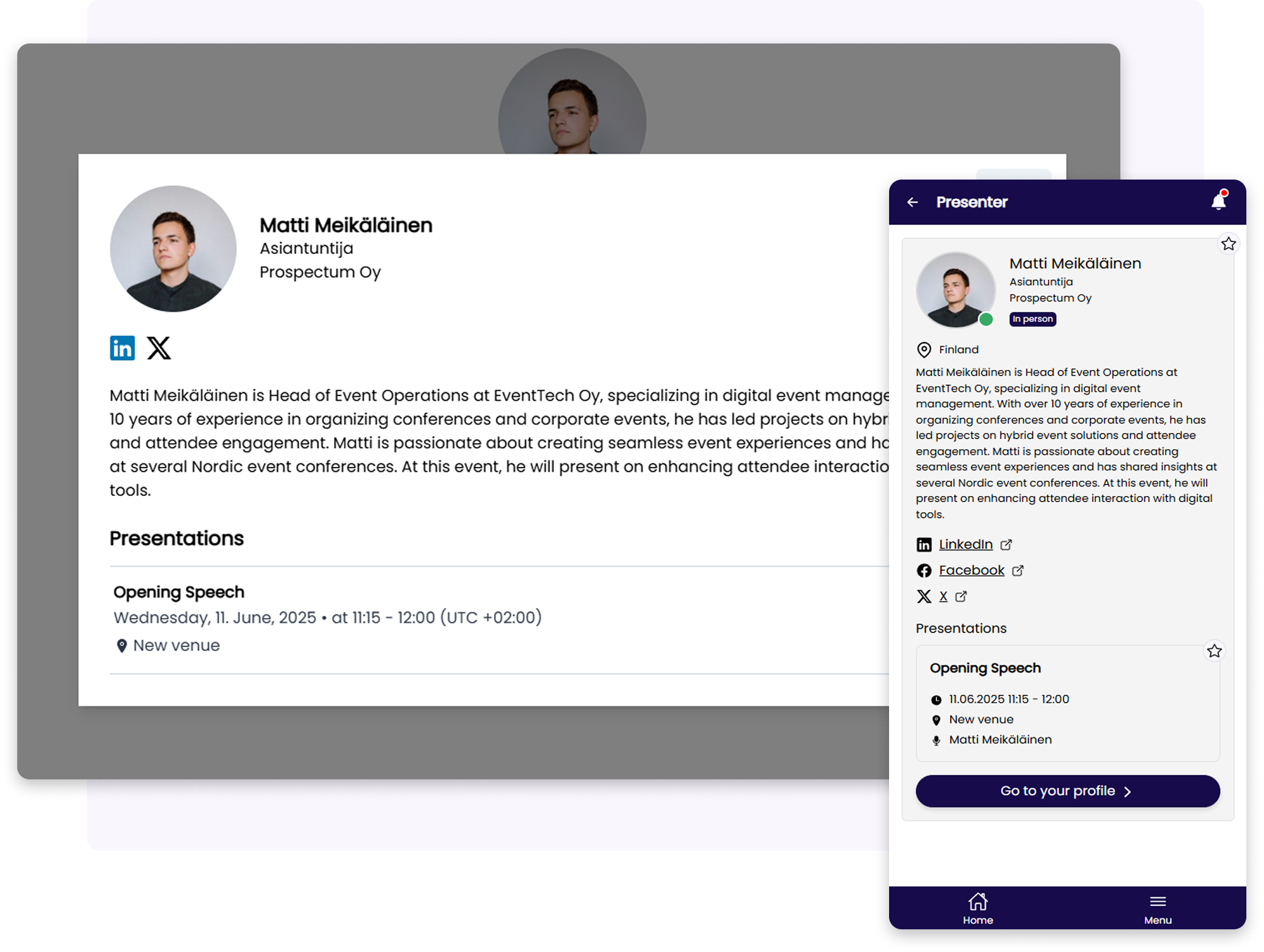 Esiintyjätiedot tapahtumasivuilla ja sovelluksessa